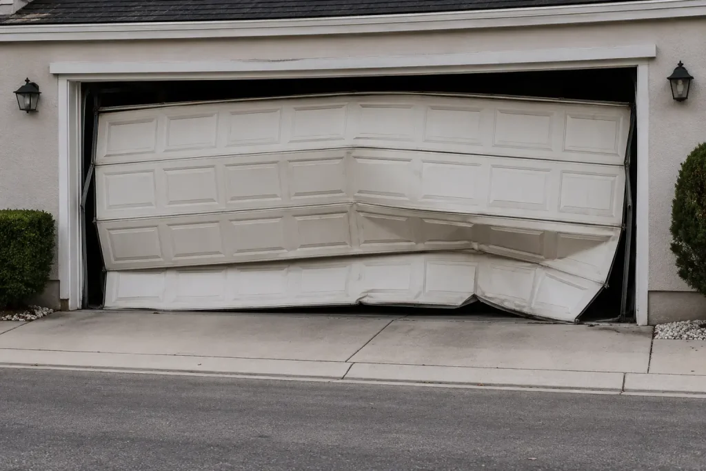 Damaged garage door requiring professional repair service in Brantford Ontario