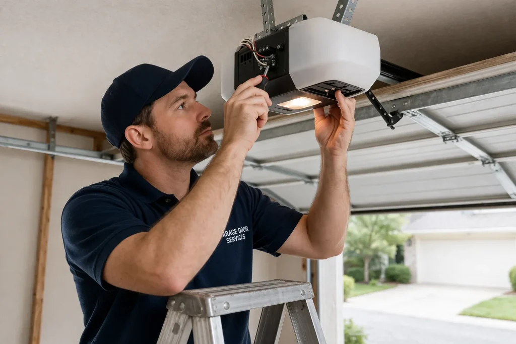 Technician repairing garage door opener system