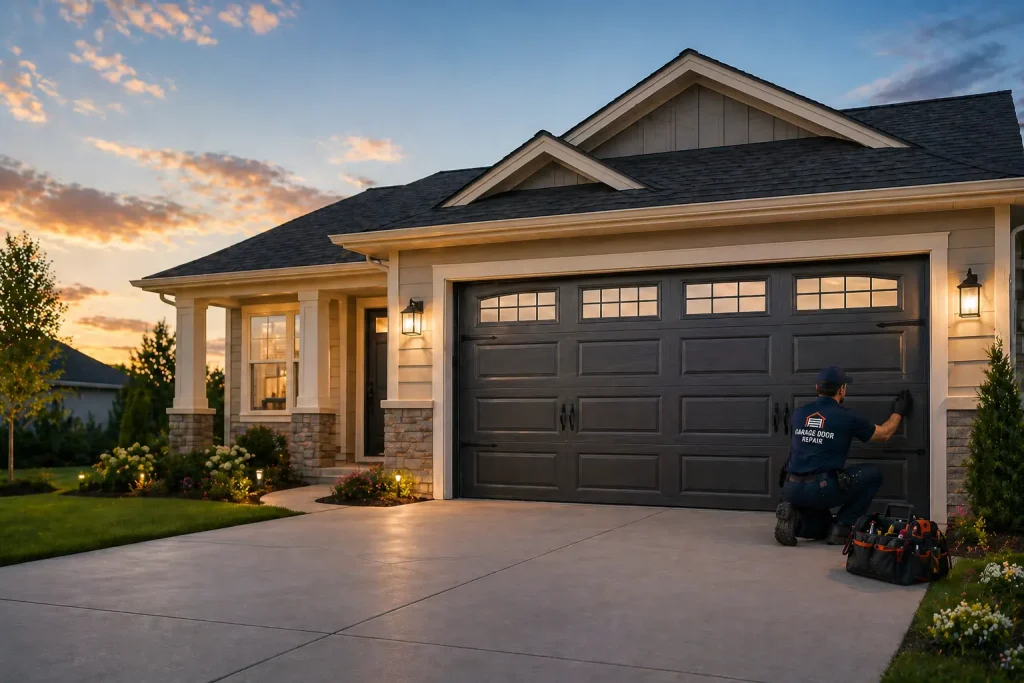 Garage door repair technician working on a modern residential garage door in Brantford.