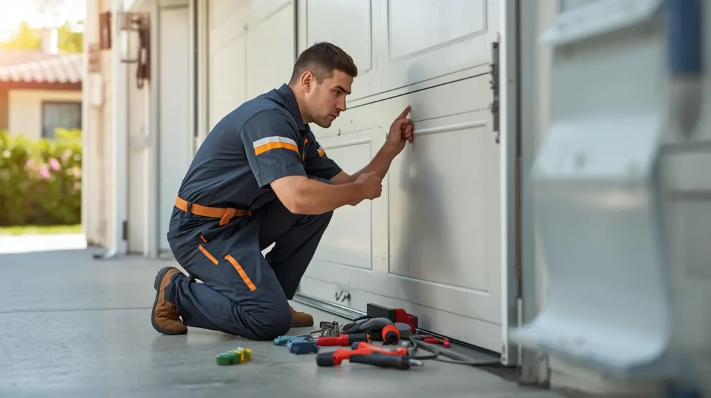 Garage door technician repairing residential garage door.