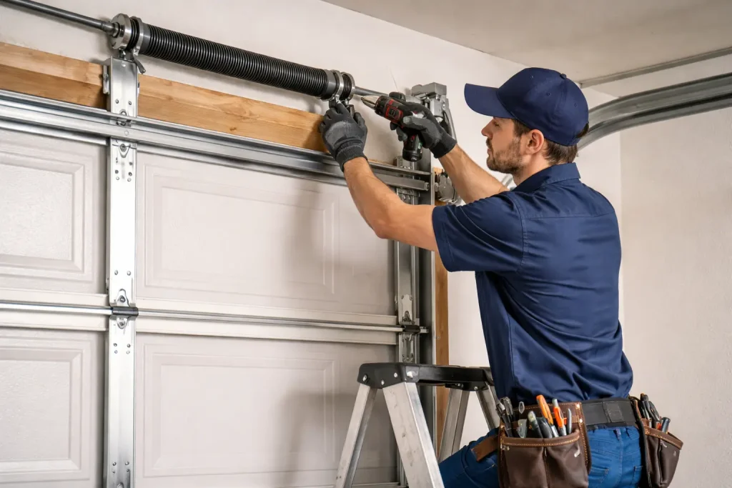 Garage door spring repair technician in Brantford working on residential garage door