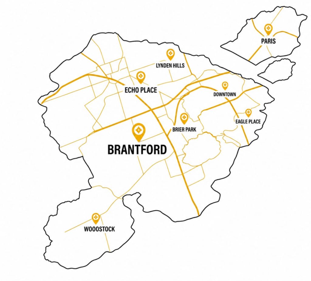 Garage door repair service areas map covering Brantford, Downtown, Eagle Place, Echo Place, Brier Park, Lynden Hills, Paris and Woodstock