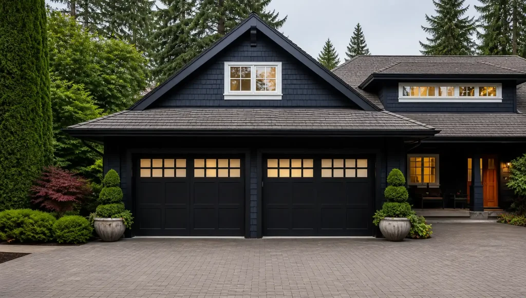 Modern black garage doors installed at a luxury home in Brantford Ontario.