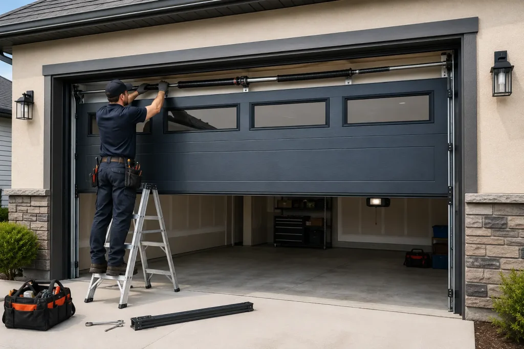 Professional garage door maintenance and installation service in Brantford, Ontario, with a technician installing and inspecting an overhead garage door