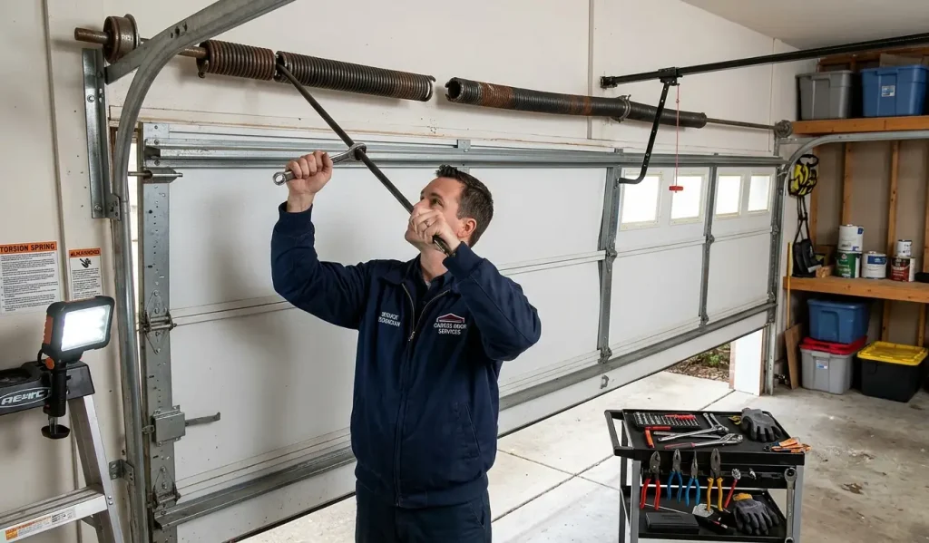 Professional technician repairing a broken torsion spring on a residential garage door