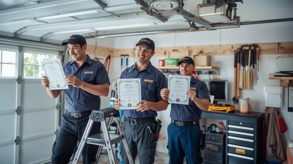Certified garage door technicians in Brantford holding professional training certificates