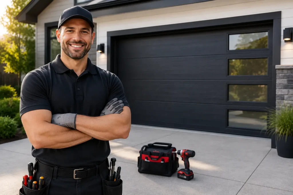 Professional garage door technician providing maintenance and installation services at a residential property in Brantford, Ontario.