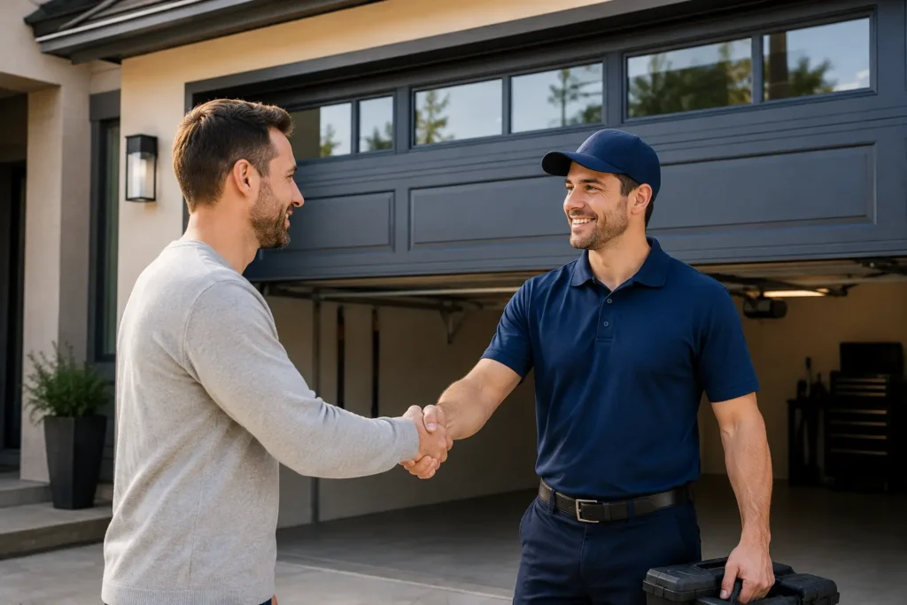 Garage door technician shaking hands with a customer