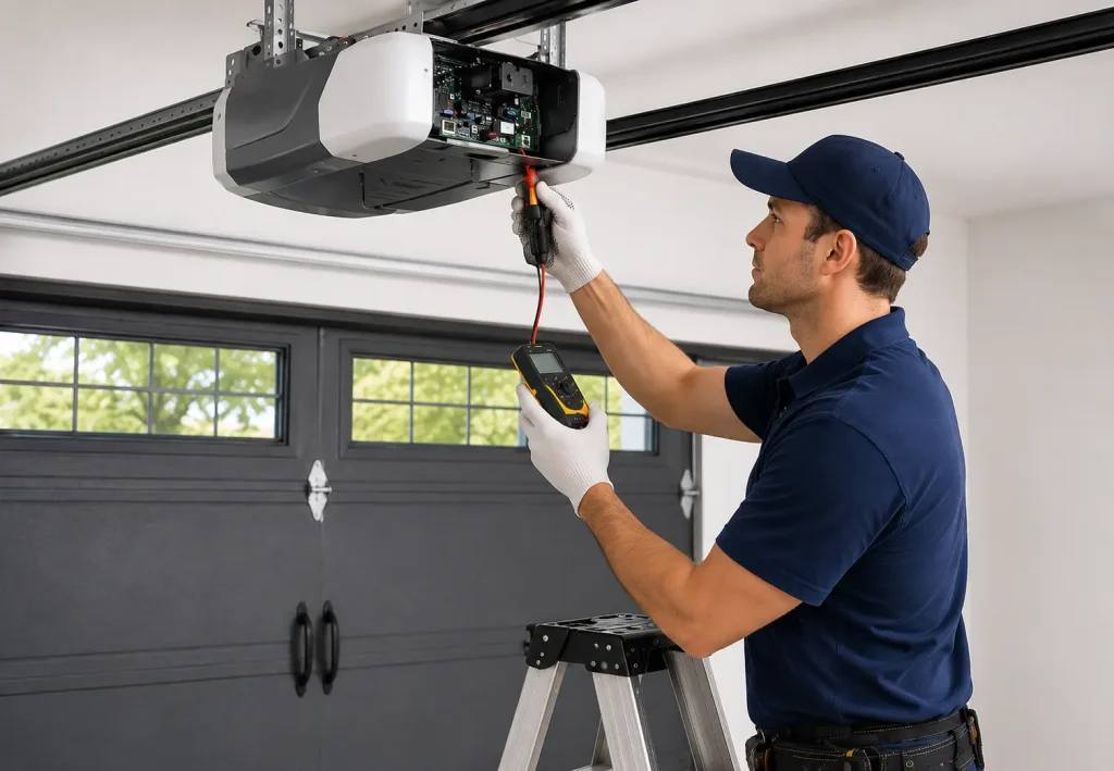 Technician repairing a residential garage door opener in Brantford, Ontario