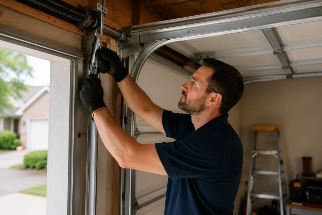 Technician repairing a residential garage door in Brantford