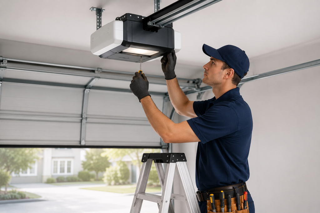 Experienced technician repairing a residential garage door opener in Brantford