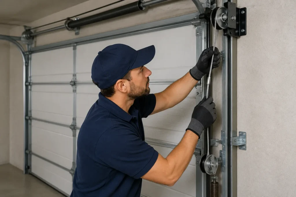 Technician inspecting and repairing a garage door cable system in Brantford.
