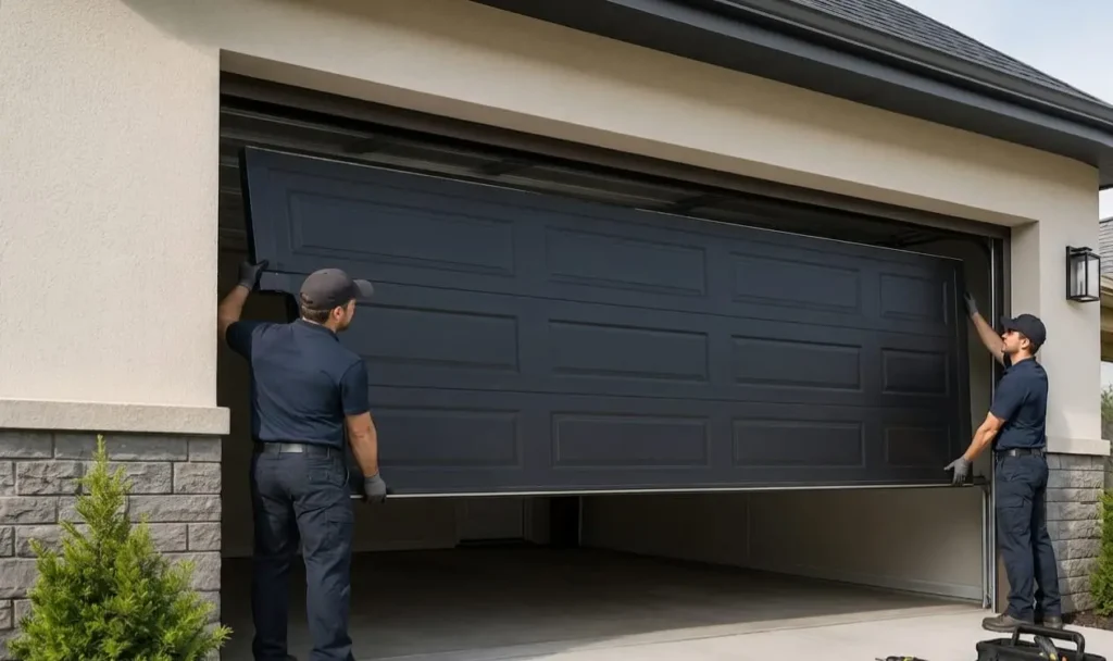 Technician installing a residential garage door in Brantford