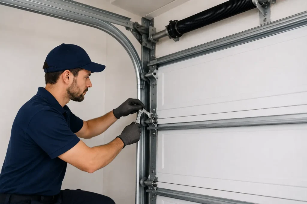 Technician performing garage door maintenance in Brantford