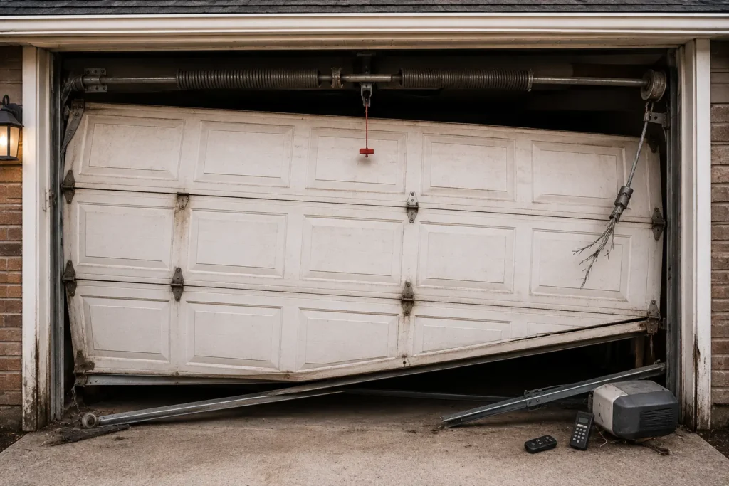 Common signs your garage door needs repair, including a broken spring, snapped cable, bent track, damaged opener, and misaligned garage door in Brantford.