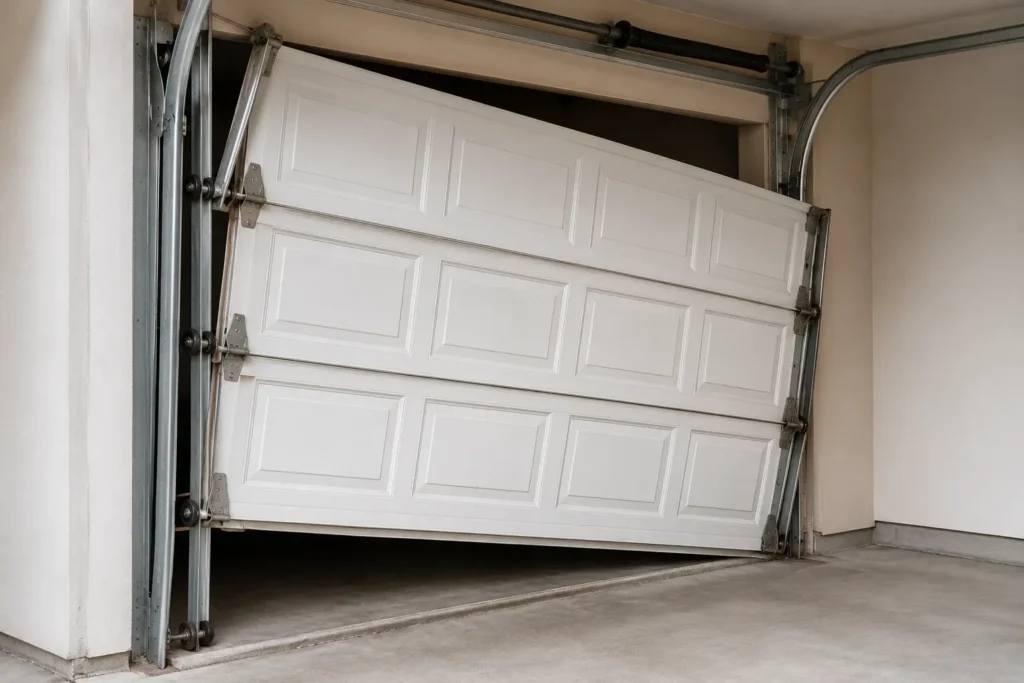 Misaligned garage door that has come off its track, showing uneven door movement and damaged track components requiring professional garage door off-track repair in Brantford.