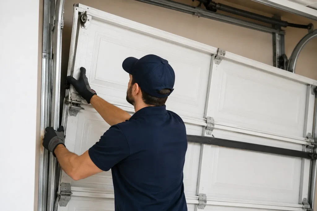 Technician repairing an off-track garage door by realigning the track and rollers during a garage door off-track repair service in Brantford.