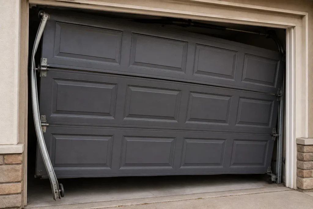 Crooked garage door with bent track and rollers off the track, indicating signs that professional garage door off-track repair is needed in Brantford.