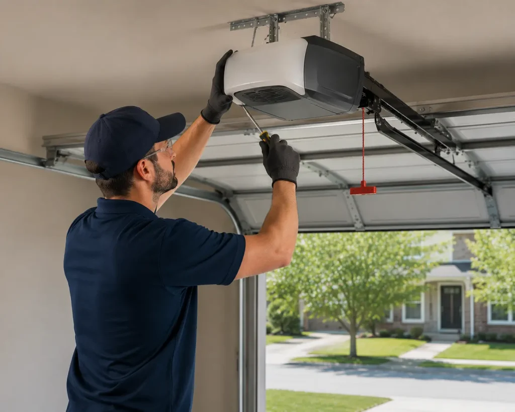 Garage door technician repairing a ceiling-mounted garage door opener in Brantford, Ontario