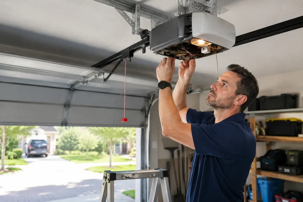 Expert technician diagnosing a faulty garage door opener in Brantford.
