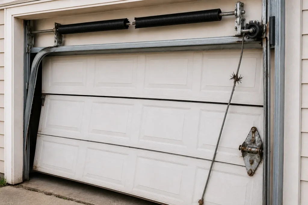 Garage door with visible repair issues including broken spring, damaged cable, misaligned door, and worn hardware.