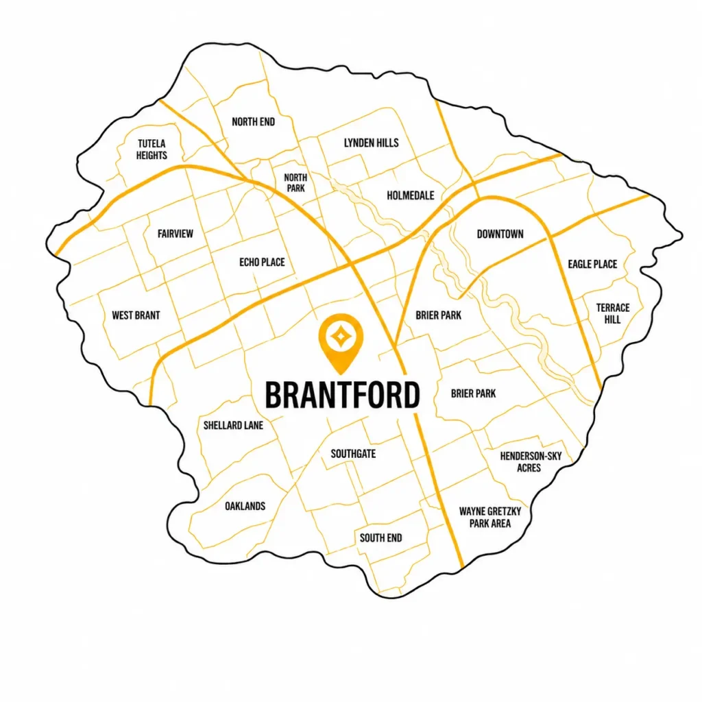 Map showing the garage door service areas covered across Brantford, including Downtown, West Brant, Echo Place, North End, Lynden Hills, Brier Park, Eagle Place, and surrounding neighbourhoods.