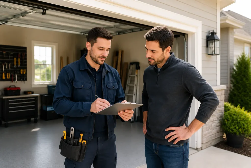 Garage door technician discussing repair and service recommendations with a homeowner
