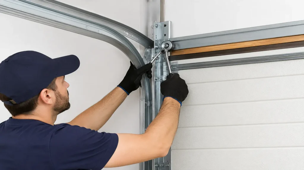 Technician repairing a garage door track in Brantford to restore smooth and safe operation
