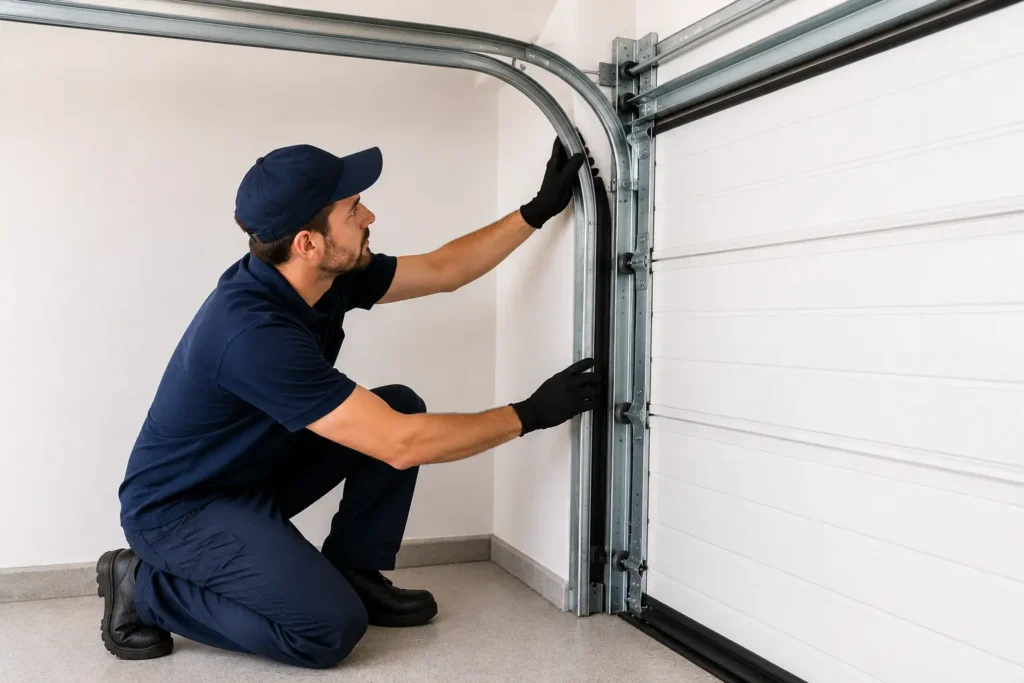 Technician inspecting a misaligned garage door track