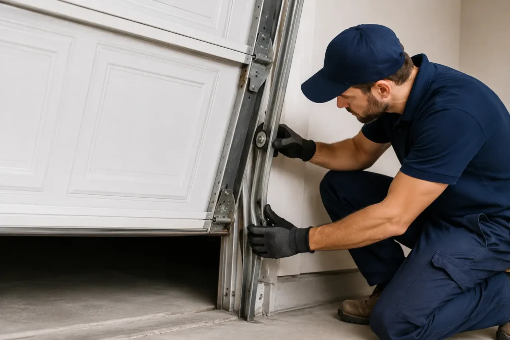 Technician realigning an off-track garage door and adjusting the track system during a professional garage door off-track repair service in Brantford.