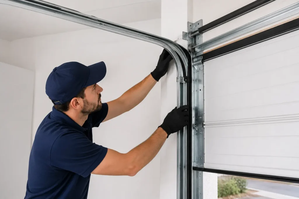 Technician fitting garage door track