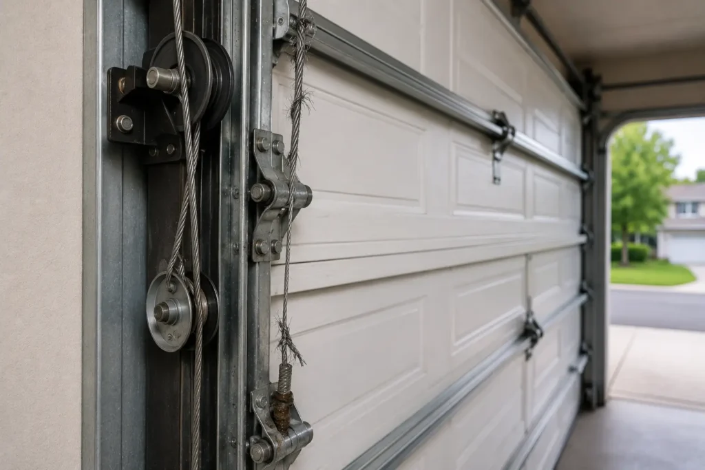 Frayed and damaged garage door cable with worn pulley system indicating the need for garage door cable repair in Brantford.
