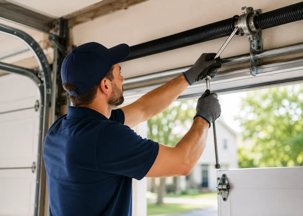 Technician repairing a garage door spring in Brantford