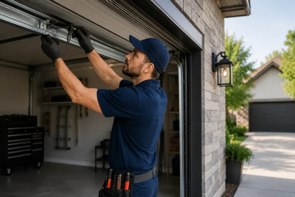 Garage door technician completing a reliable garage door repair service in Brantford