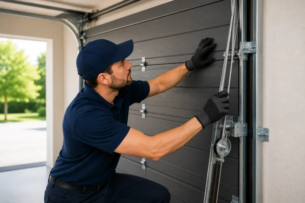 Technician inspecting and repairing garage door cables on a modern residential garage door in Brantford.