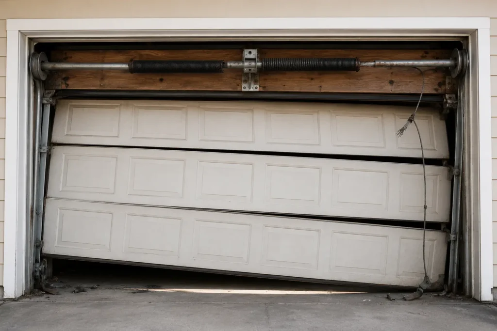 Damaged garage door that needs repair
