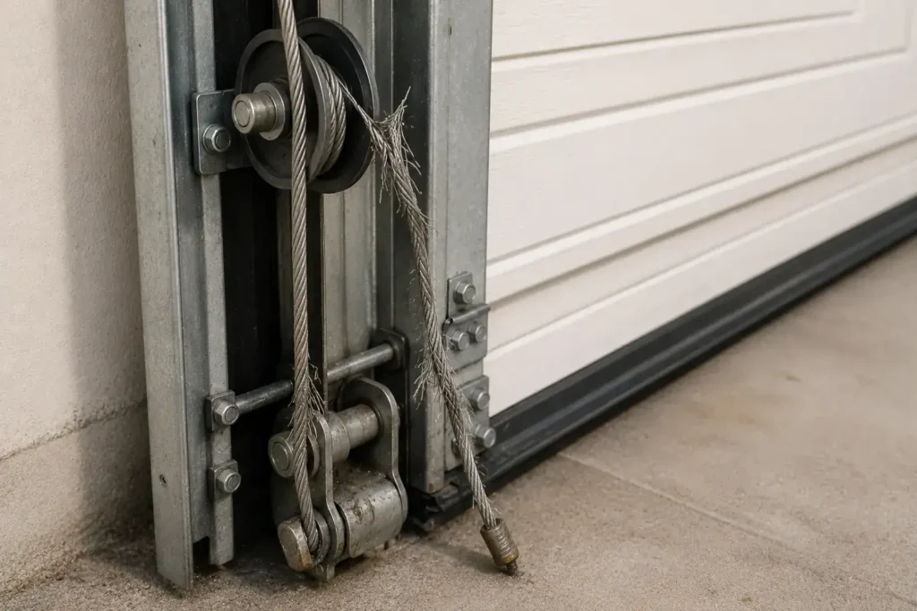 A close-up view of a damaged garage door cable and pulley system, showing frayed wires and metal components against a white door.