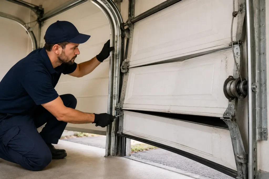 A repairman in a blue uniform and cap kneels down to inspect a damaged garage door with bent panels.