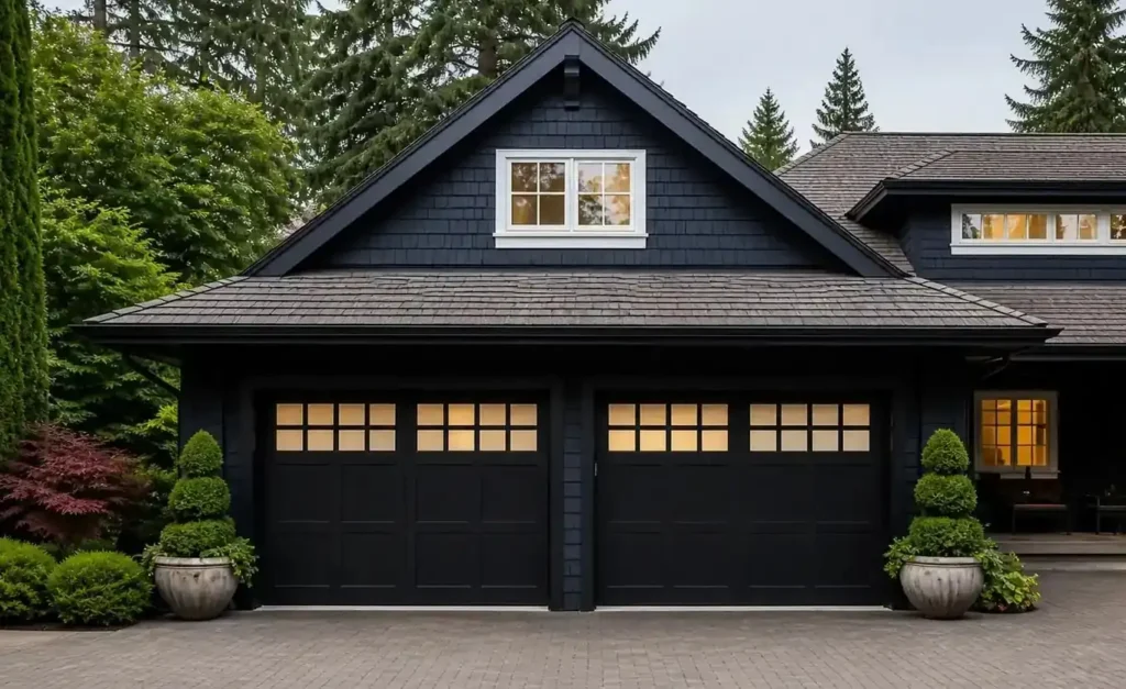 Modern black residential garage door.