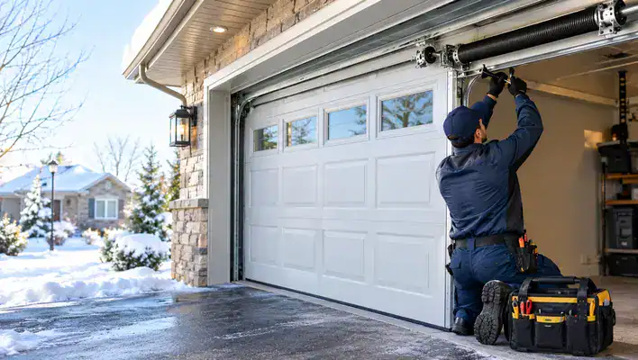 A technician in uniform kneeling by a toolbox while repairing a residential garage door during winter.
