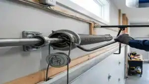 A close-up shot of a gloved hand working on a residential garage door torsion spring and cable system.