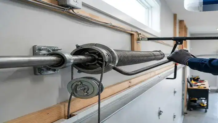 A close-up shot of a gloved hand working on a residential garage door torsion spring and cable system.